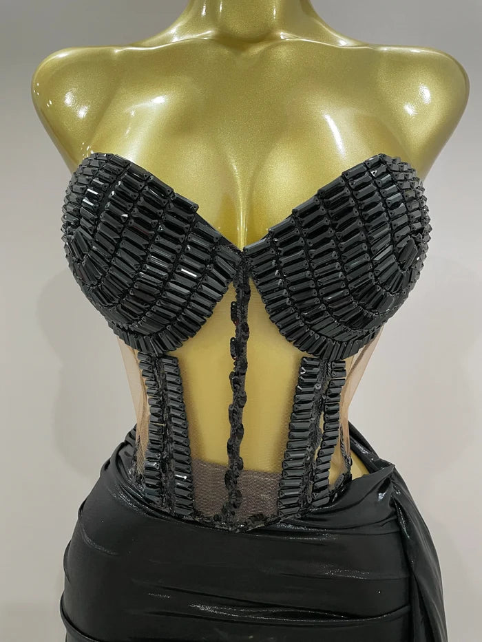 Khloe black sparkly rhinestone two piece mini dress sexy bodycon outfit for birthday party and club wear