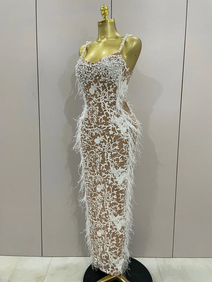 sparkly beaded feather pearl halter bodycon long dress, perfect for prom, red carpet, evening parties, and birthdays.