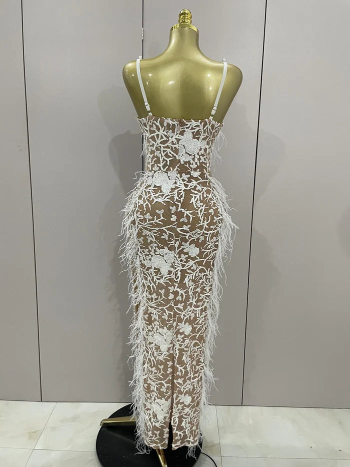 sparkly beaded feather pearl halter bodycon long dress, perfect for prom, red carpet, evening parties, and birthdays.