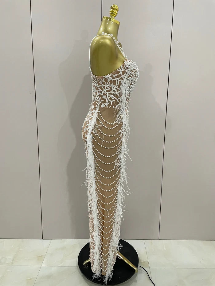 sparkly beaded feather pearl halter bodycon long dress, perfect for prom, red carpet, evening parties, and birthdays.