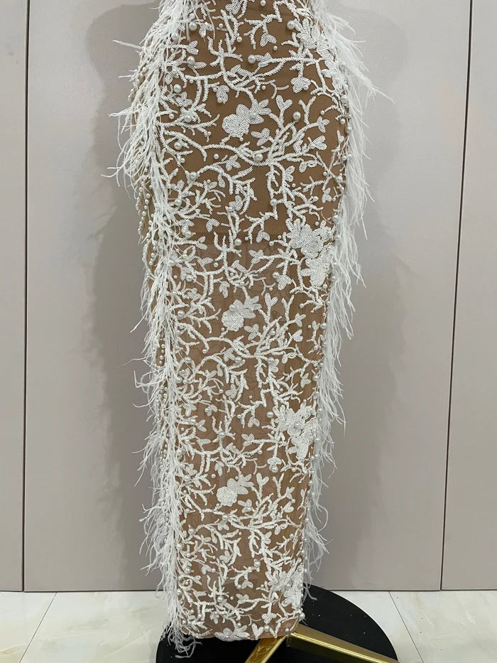 sparkly beaded feather pearl halter bodycon long dress, perfect for prom, red carpet, evening parties, and birthdays.