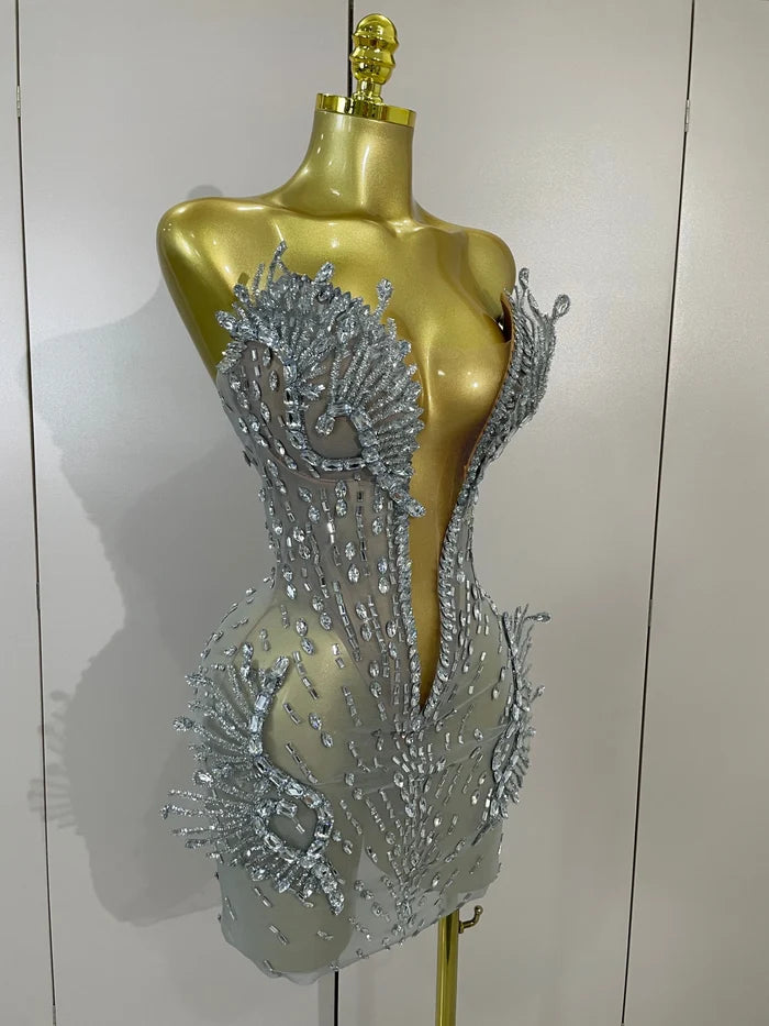 Kiara deep V silver diamond mesh mini dress for women. Sexy sparkly outfit for birthdays, nightclub, and stage events.