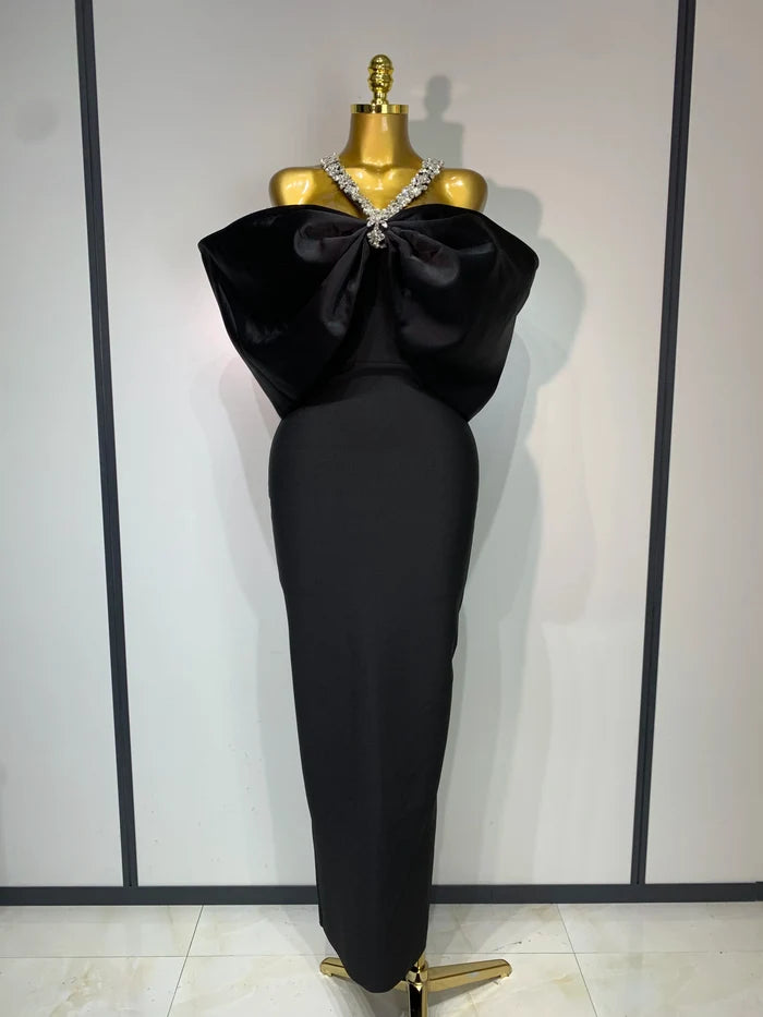 Off-shoulder crystal halter long bodycon bandage dress for women, luxury evening gown for birthday, cocktail, and party celebrations.