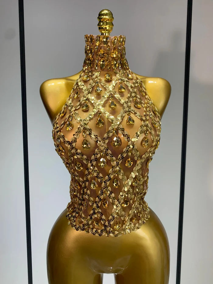 Kiara sparkly rhinestone mesh transparent top for women, sexy see-through party wear, nightclub stage performance outfit