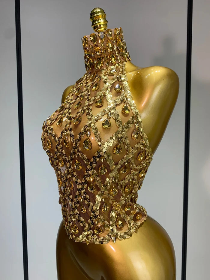Kiara sparkly rhinestone mesh transparent top for women, sexy see-through party wear, nightclub stage performance outfit