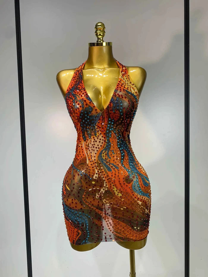 Kiara Sexy Halter Colorful Diamond Backless Mini Dress