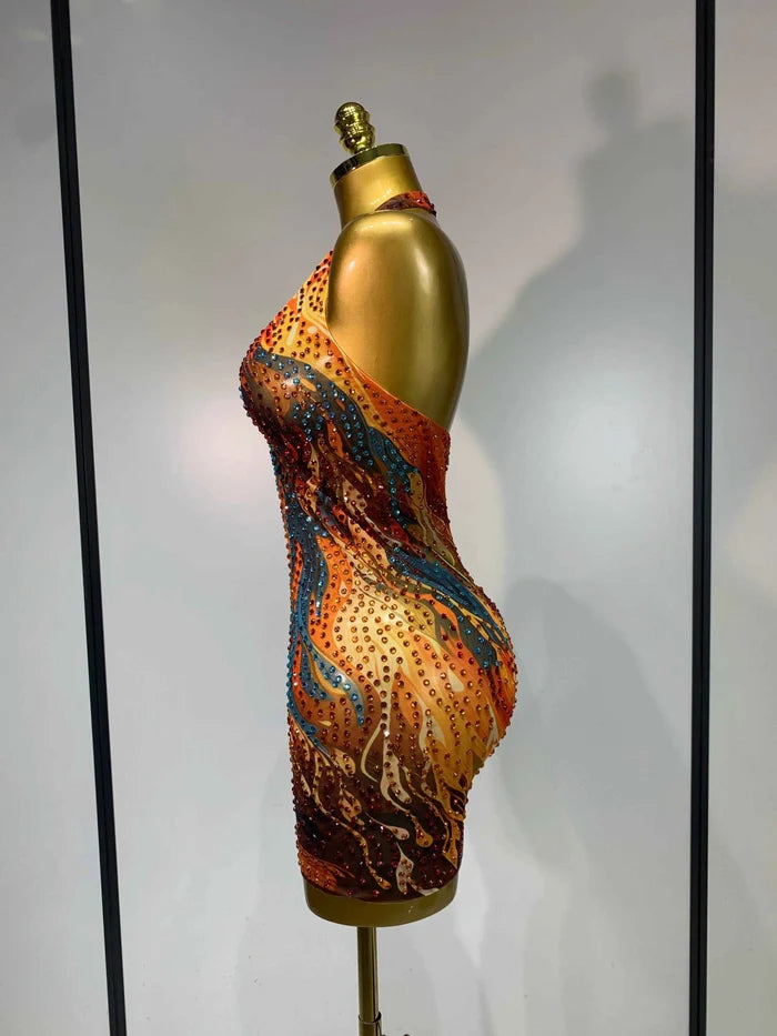 Kiara Sexy Halter Colorful Diamond Backless Mini Dress