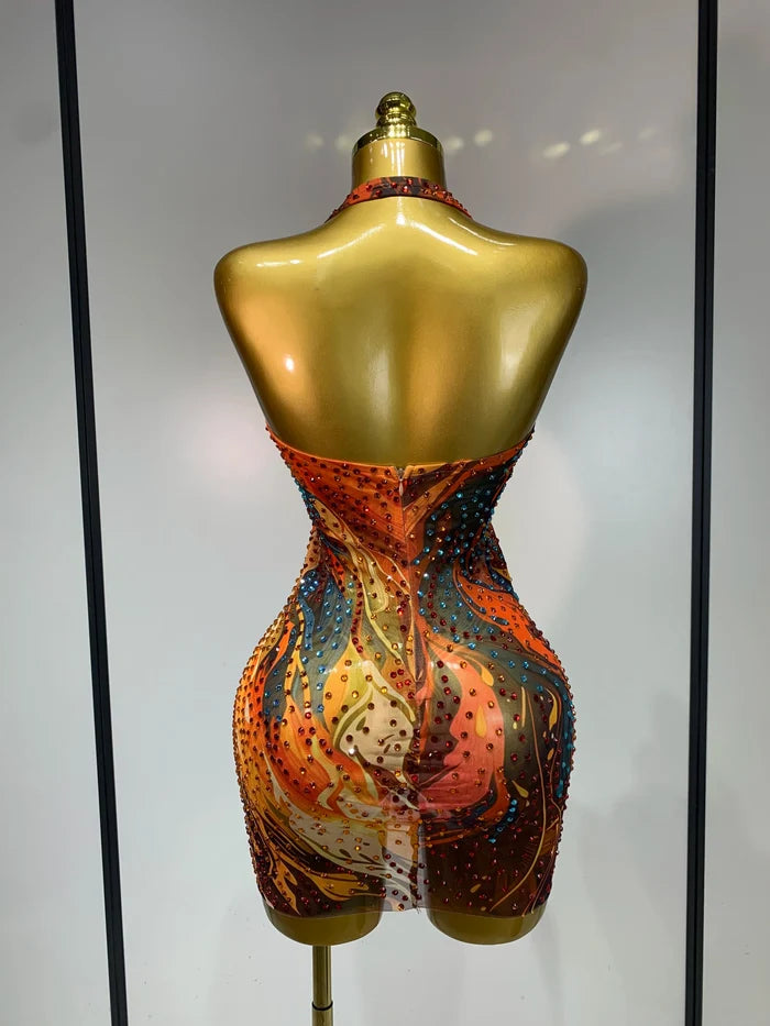 Kiara sexy halter colorful diamond backless bodycon mini dress for party and festival styling