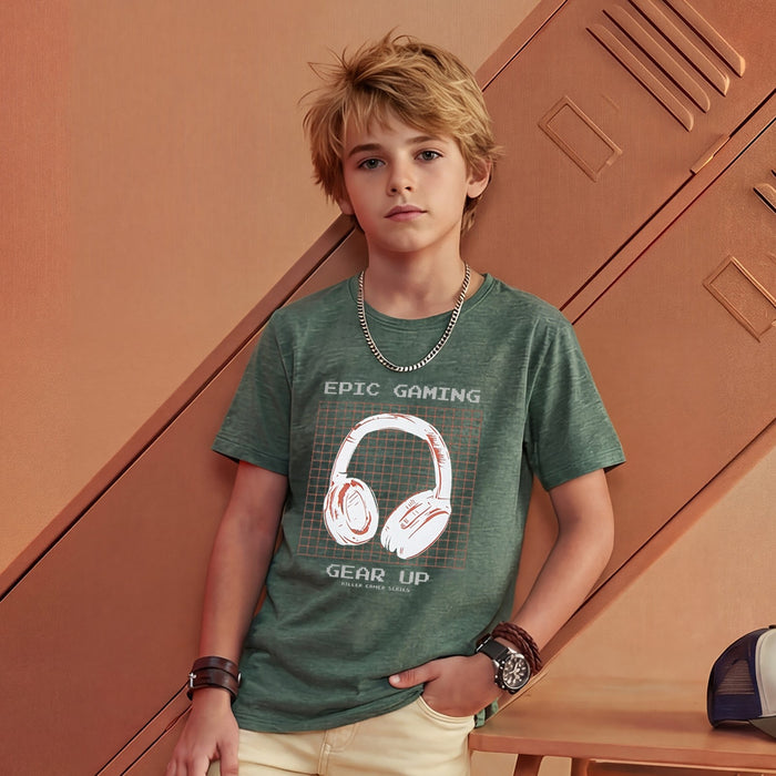 Kid's Green Slim Fit Printed T-Shirts