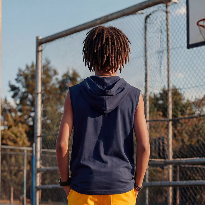 Kid's Navy Slim Fit Hooded Sleeveless T-Shirts