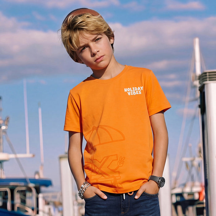 Kid's Orange Slim Fit Printed T-Shirts