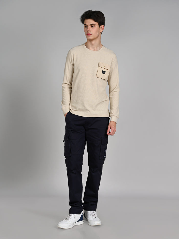 Killer Men Beige Solid Slim Fit T-Shirts