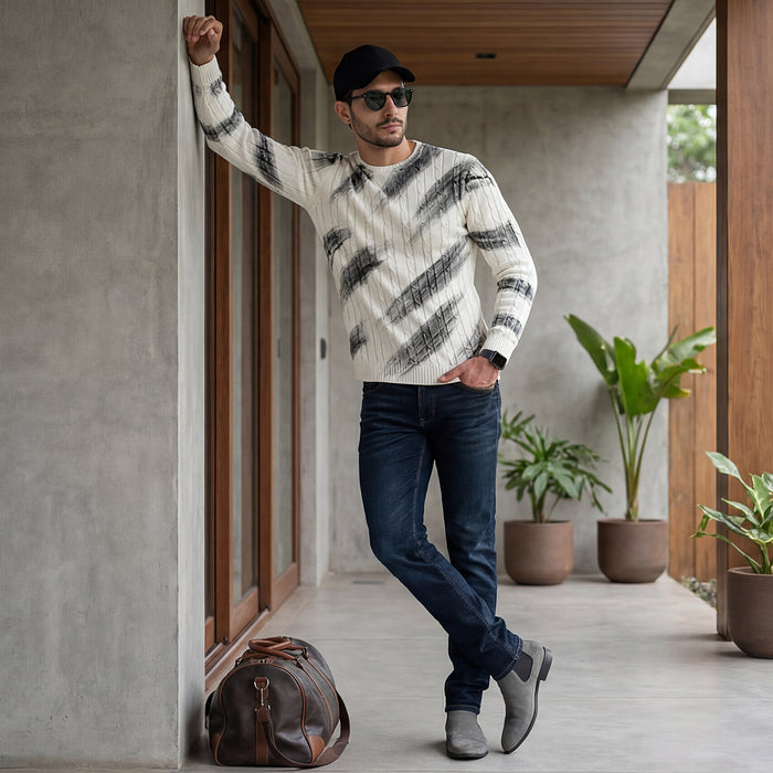 Killer Men Round Neck White Printed Sweaters