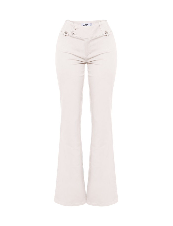 TIGERMIST KITTIE TWILL PANT - WHITE: High-waisted, off-white twill pants with flared leg, buttoned waistband accents, and a fitted upper silhouette, shown on a white background.