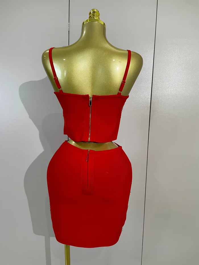 hShine in the Kristi diamond chain two-piece bandage mini dress set. Sexy bodycon outfit for parties, birthdays, clubs, and special events.