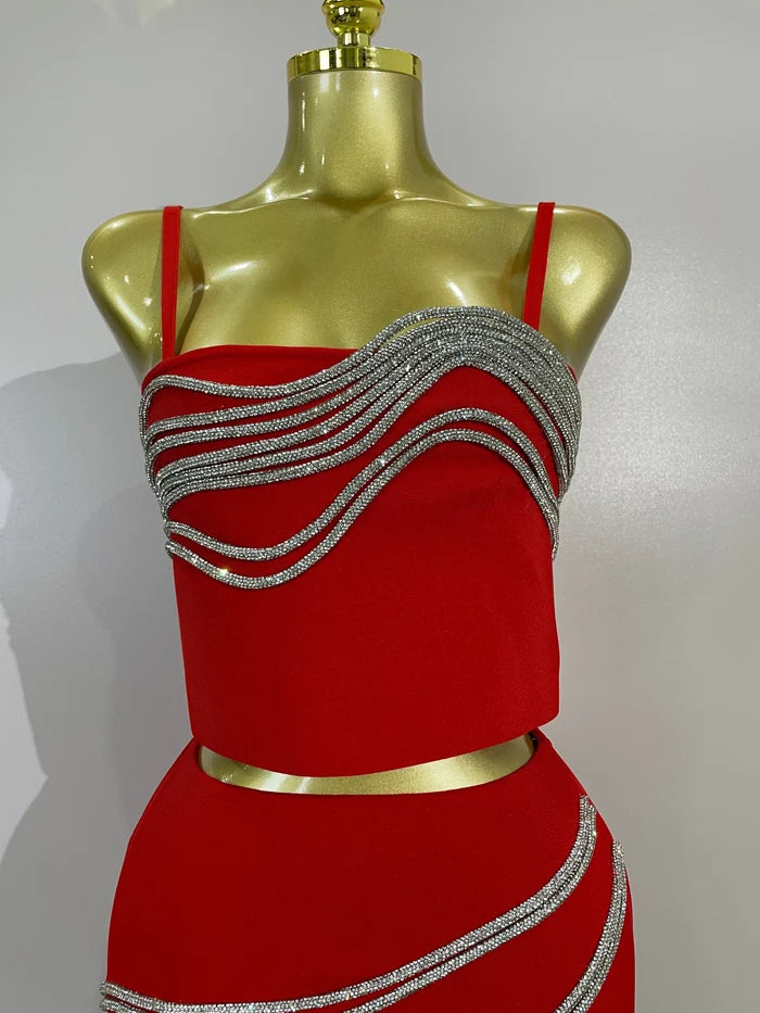 Shine in the Kristi diamond chain two-piece bandage mini dress set. Sexy bodycon outfit for parties, birthdays, clubs, and special events.