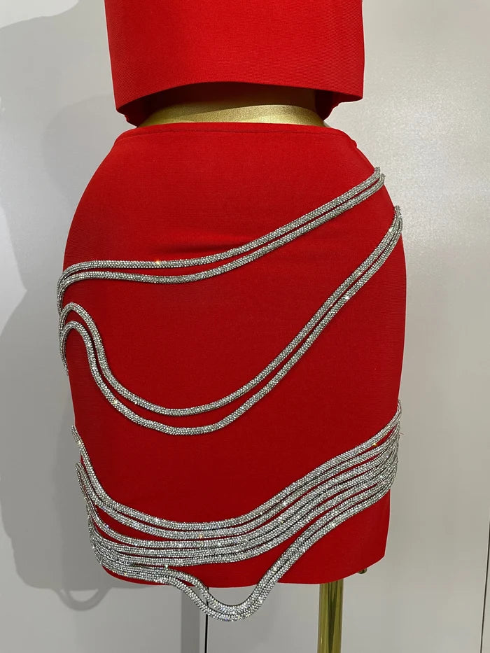 Shine in the Kristi diamond chain two-piece bandage mini dress set. Sexy bodycon outfit for parties, birthdays, clubs, and special events.