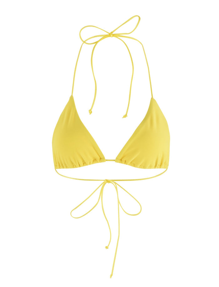 Introducing the KRYZE BIKINI TOP - YELLOW : NEON YELLOW from TIGERMIST. This yellow triangle bikini top features spaghetti straps and offers adjustable ties at the back and around the neck for a customized fit. Crafted from smooth and stretchy fabric, it's the perfect choice for swimwear.