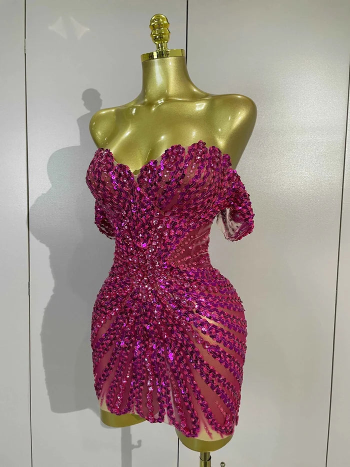 Kyle Sparkly Rhinestone Sequin Off-the-Shoulder Mesh Mini Dress