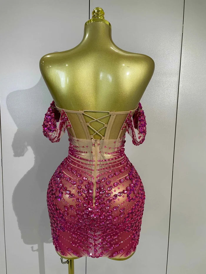 Kyle Sparkly Rhinestone Sequin Off-the-Shoulder Mesh Mini Dress