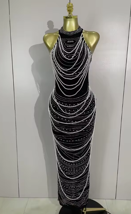 Kylie Elegant Luxury Beaded Diamond Sleeveless Sexy Mesh Bodycon Long Dress