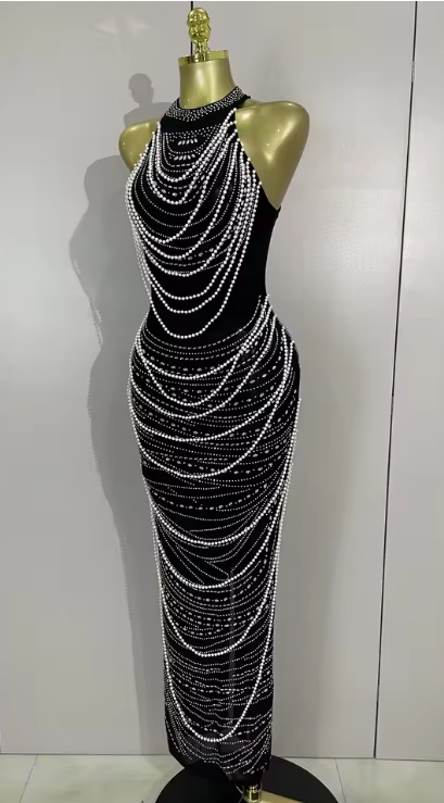 Kylie Elegant Luxury Beaded Diamond Sleeveless Sexy Mesh Bodycon Long Dress