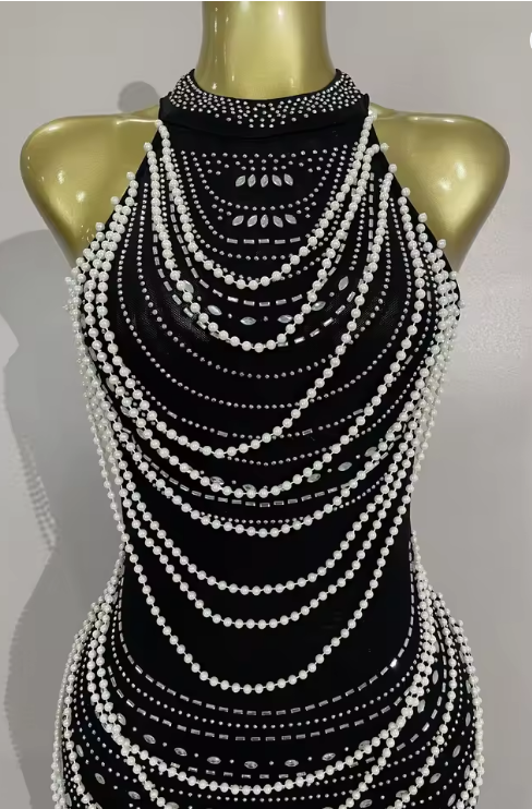 Kylie Elegant Luxury Beaded Diamond Sleeveless Sexy Mesh Bodycon Long Dress