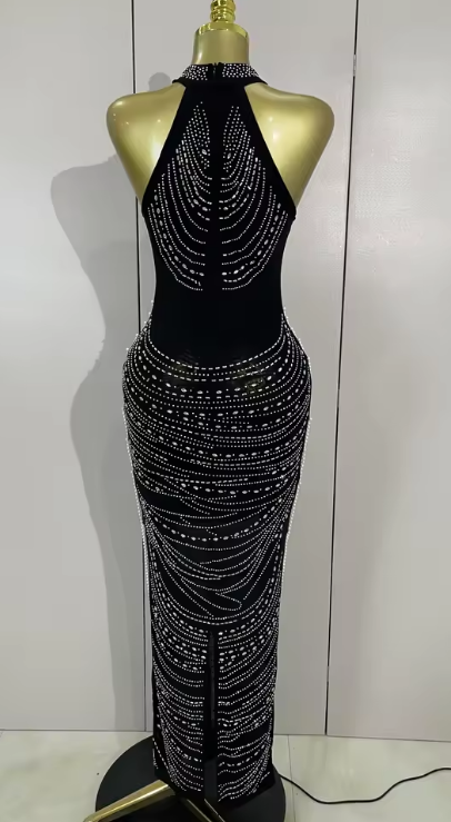 Kylie Elegant Luxury Beaded Diamond Sleeveless Sexy Mesh Bodycon Long Dress