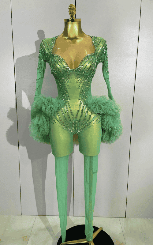 Sparkly green rhinestone mesh jumpsuit with long sleeves and bodycon stretch fit