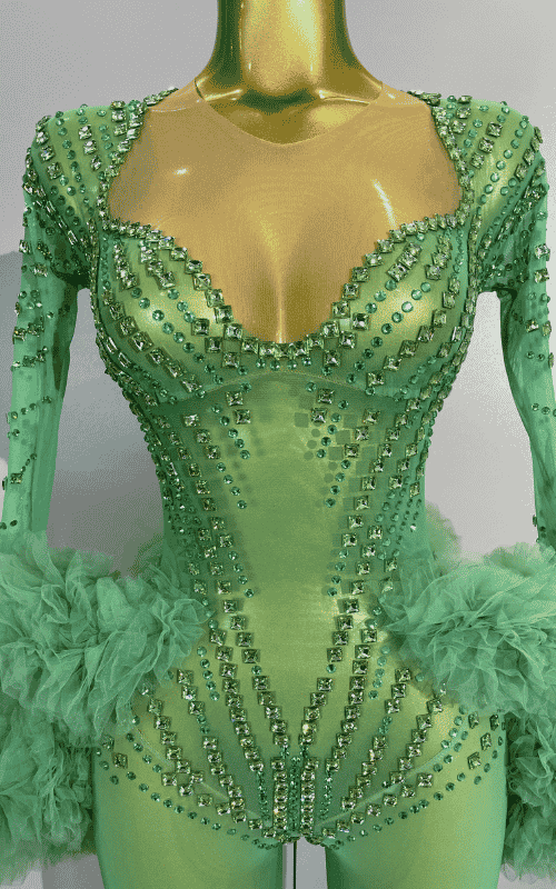 Sparkly green rhinestone mesh jumpsuit with long sleeves and bodycon stretch fit