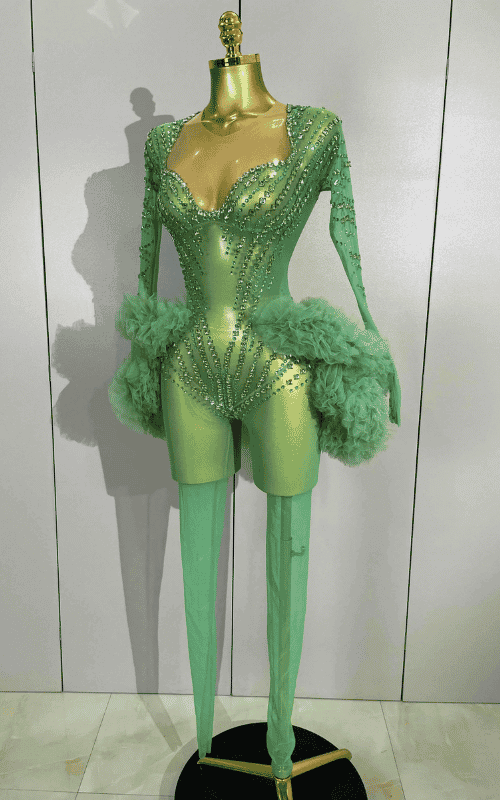 Sparkly green rhinestone mesh jumpsuit with long sleeves and bodycon stretch fit