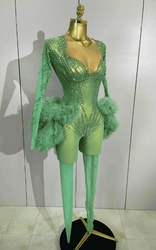 Sparkly green rhinestone mesh jumpsuit with long sleeves and bodycon stretch fit