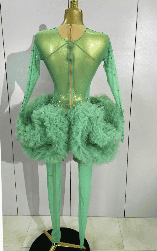 Sparkly green rhinestone mesh jumpsuit with long sleeves and bodycon stretch fit