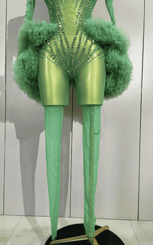 Sparkly green rhinestone mesh jumpsuit with long sleeves and bodycon stretch fit