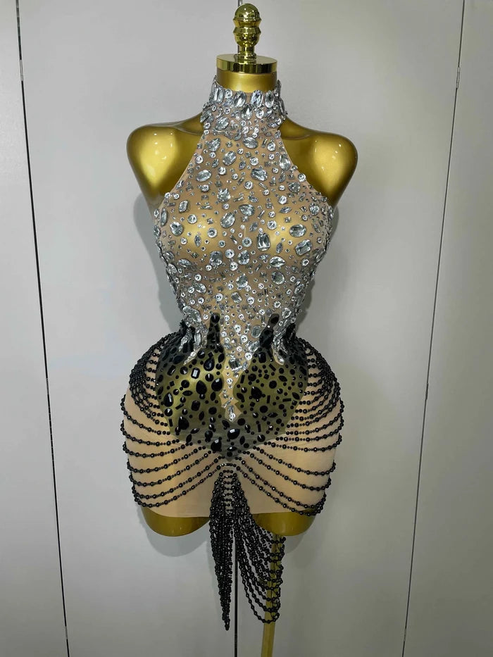 Laine Crystal Beaded Mesh Backless Mini Dress