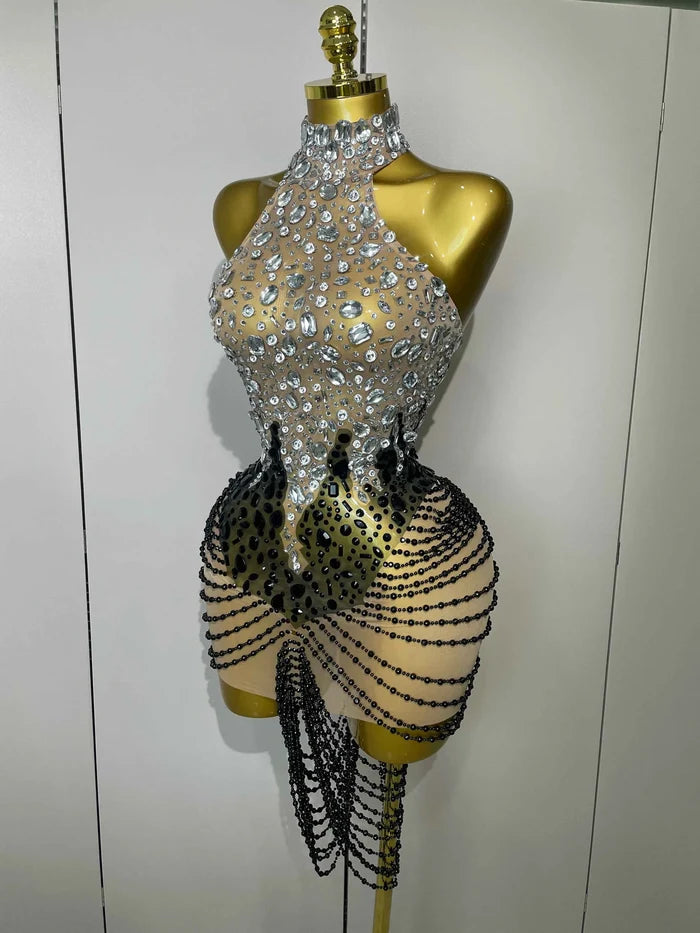 Laine Crystal Beaded Mesh Backless Mini Dress