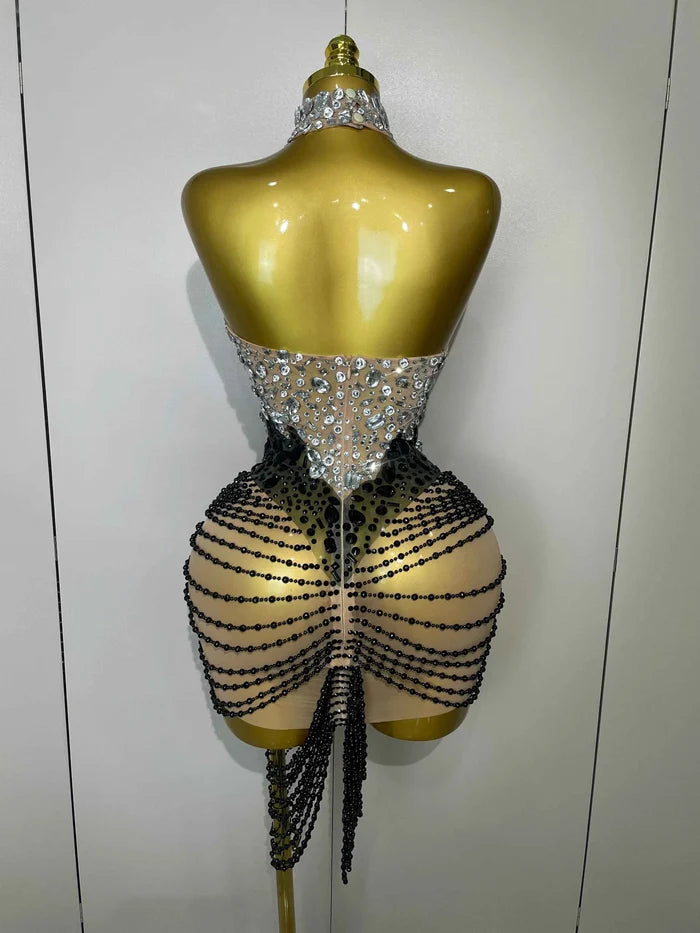 Laine Crystal Beaded Mesh Backless Mini Dress
