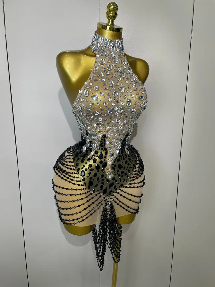 Laine crystal beaded mesh backless mini dress for women. Sexy sparkly outfit for birthdays, prom, and evening parties.