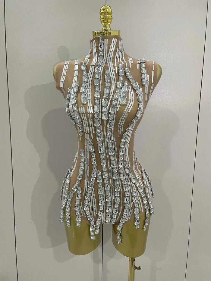 Lani Sparkly Rhinestone Chain Transparent Sleeveless Bodysuit