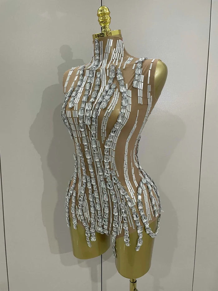 Lani Sparkly Rhinestone Chain Transparent Sleeveless Bodysuit