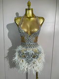 Shine in the Lasha luxury rhinestone feather mesh patchwork mini dress. Elegant party dress for birthdays, cocktails, and special occasions.