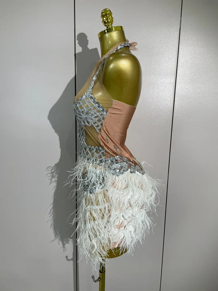 Shine in the Lasha luxury rhinestone feather mesh patchwork mini dress. Elegant party dress for birthdays, cocktails, and special occasions.