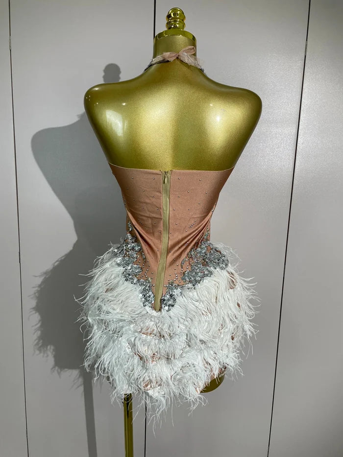 Shine in the Lasha luxury rhinestone feather mesh patchwork mini dress. Elegant party dress for birthdays, cocktails, and special occasions.