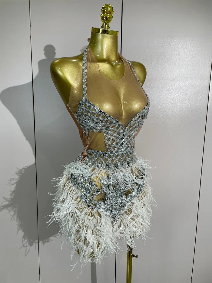 Shine in the Lasha luxury rhinestone feather mesh patchwork mini dress. Elegant party dress for birthdays, cocktails, and special occasions.