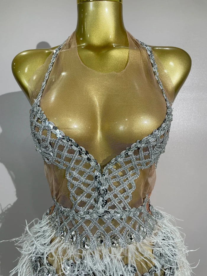 Shine in the Lasha luxury rhinestone feather mesh patchwork mini dress. Elegant party dress for birthdays, cocktails, and special occasions.