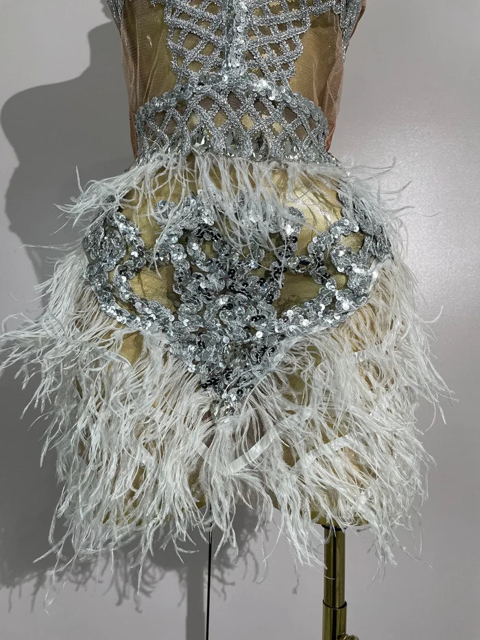 Shine in the Lasha luxury rhinestone feather mesh patchwork mini dress. Elegant party dress for birthdays, cocktails, and special occasions.