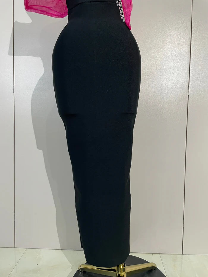 Lashae off shoulder diamond bodycon bandage maxi dress for women. Elegant party outfit for cocktails, birthdays, and evening events.