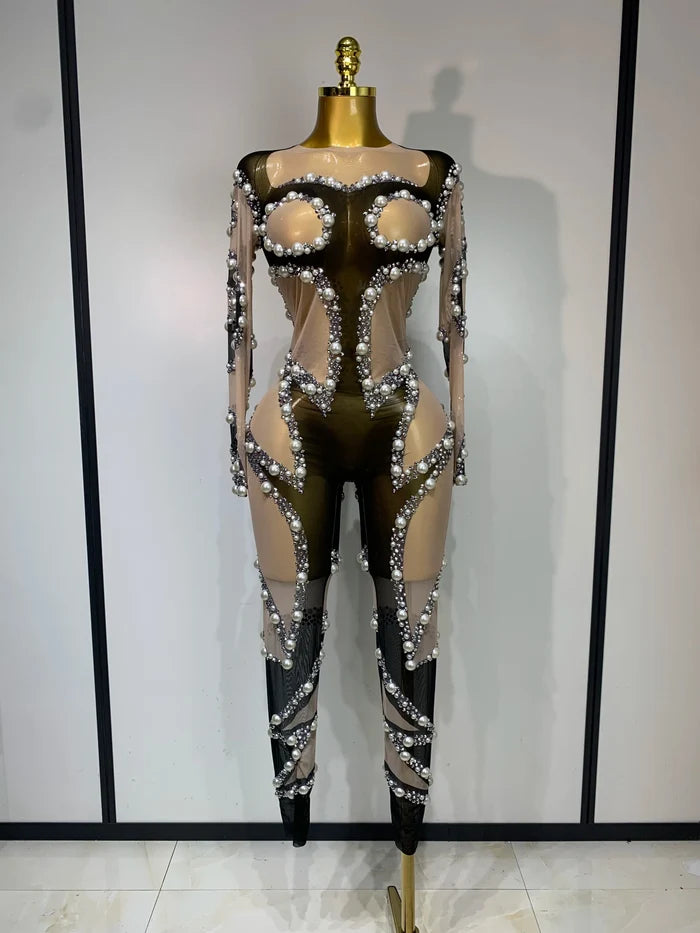 Latrice long sleeve mesh see-through jumpsuit for women nightclub birthday party stage dance costume