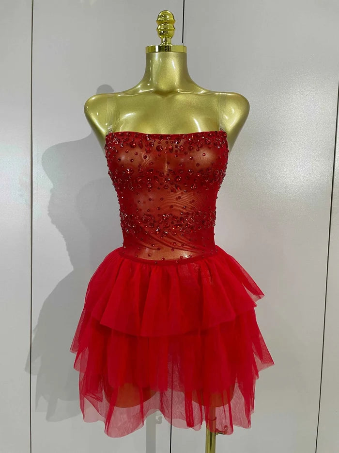 Laura Sparkly Red Rhinestone Strapless Mesh Mini Dress for Women