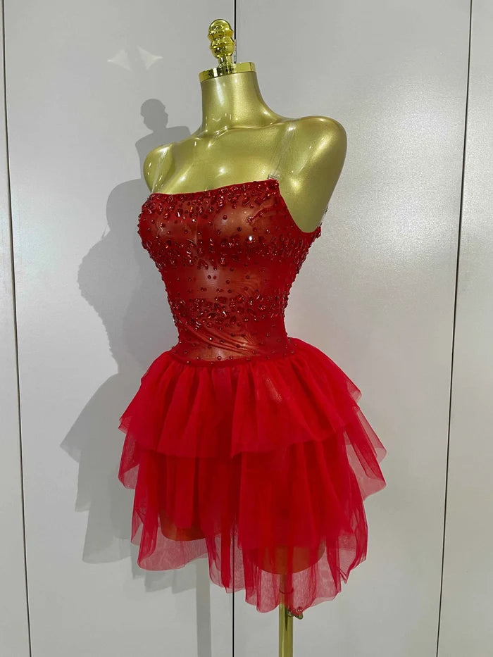 Laura Sparkly Red Rhinestone Strapless Mesh Mini Dress for Women